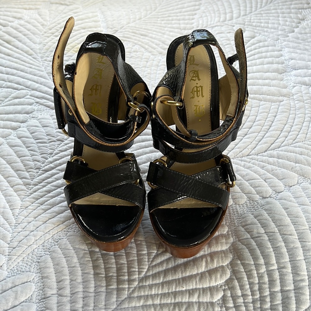 Blue patent leather strappy platforms
